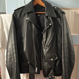 Classic Black Leather Motorcycle Jacket with Zippered Front